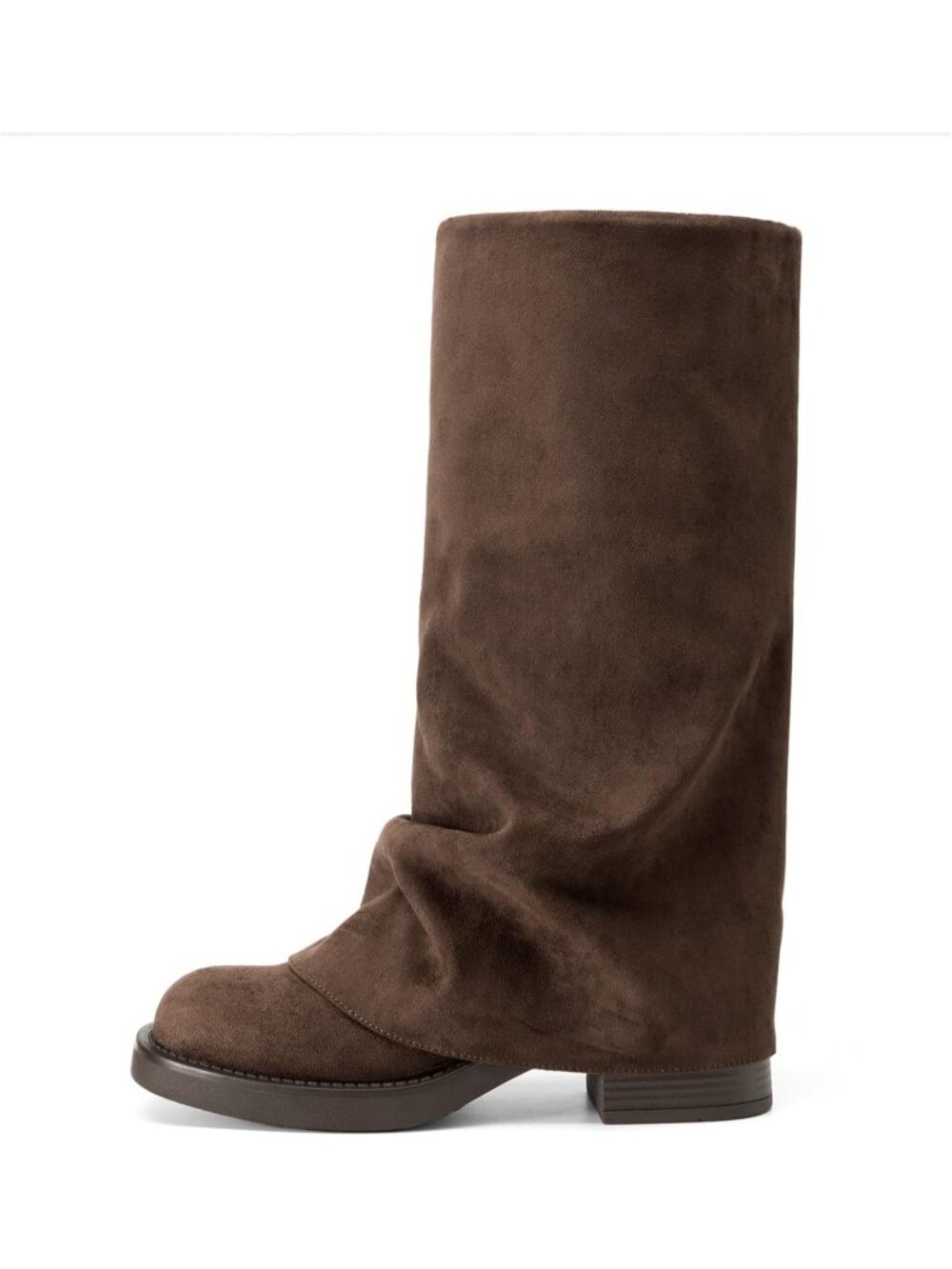 Women's Brown Suede Wide Calf Chunky Platform Low Heel Square Toe Calf Boots